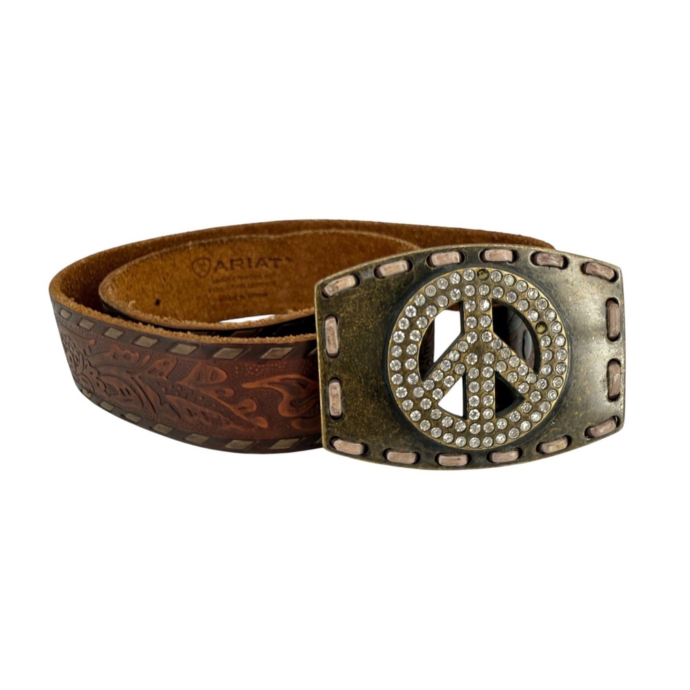 Ariat Brown Tooled Leather Peace Sign Rhinestone Buckle Belt women size 28